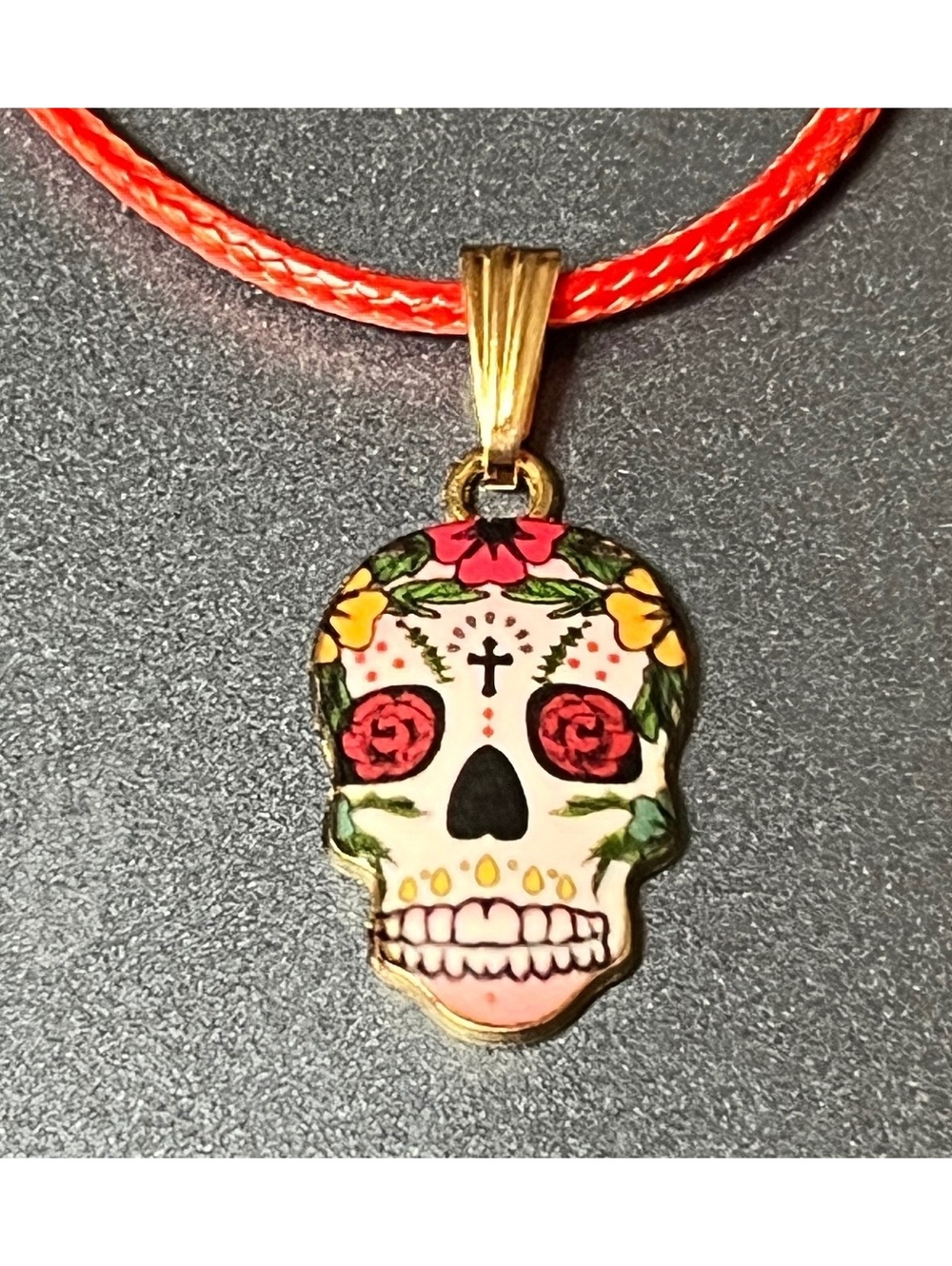 Vibrant Sugar Skull Pendant Necklace with Adjustable Red Cord